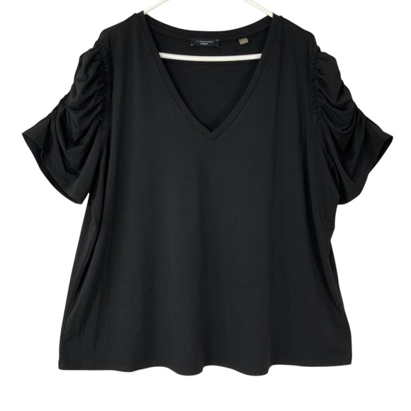 T Tahari Tops - T Tahari Ruched Sleeve V-Neck Blouse Women 2X Polyester Spandex Black Workwear